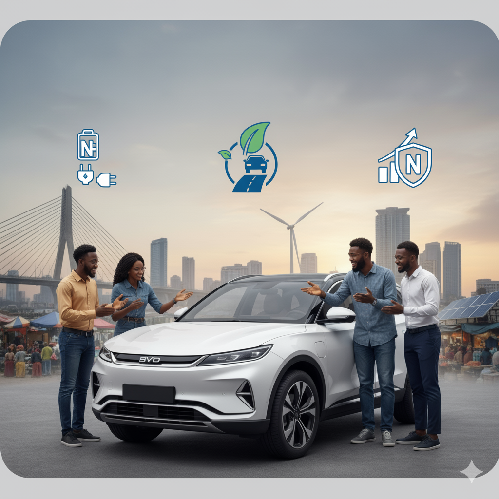 BYD electric car driving through Lagos city